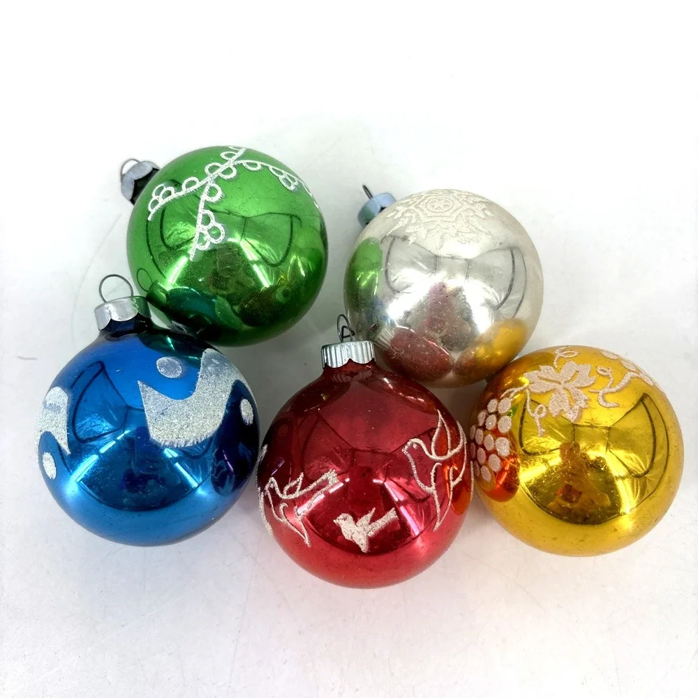 Vintage Lot 5 Stenciled Christmas Ornaments Mercury‎ Glass Shiny Brite Made USA